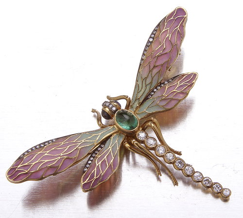 Plique a jour dragonfly brooch, 18K yellow gold, di