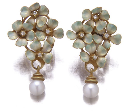 Enameled flower cluster earrings with diamonds and