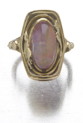 Arts & Crafts 14K and jelly opal ring marked G.H.,(