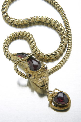 Gold, carbuncle garnet and rock crystal snake neckl