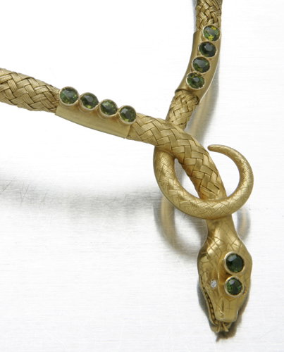 krementz nouveau, peridot and diamond serpent neckl