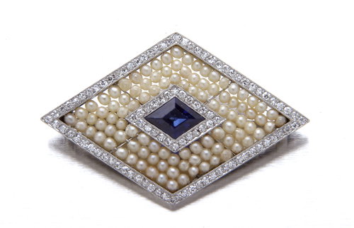 Deco diamond and sapphire brooch with seed pearls