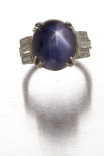 Art Deco blue star sapphire and diamond ring in 14K