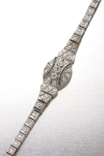 Art Deco diamond and platinum bracelet with emerald