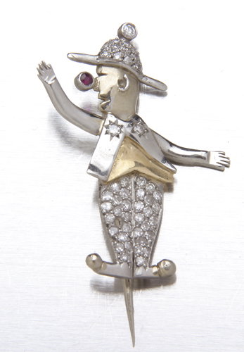 Art Deco diamond clown pin in platinum and gold, wi
