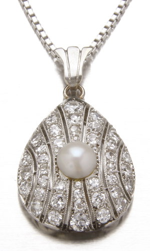 Art Deco diamond and pearl pendant, 18K white gold