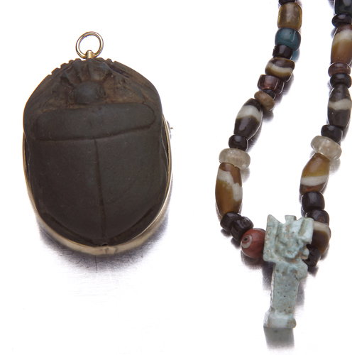 Egyptian antiquity jewelry, two pieces: faience sc
