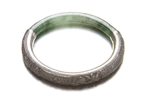 Chinese silver and jade bangle bracelet, 1890-1920