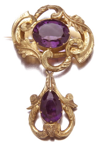 Early Victorian amethyst pendelque brooch in 14K y