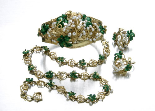French Second Empire demi-parure,18K, pearls and e