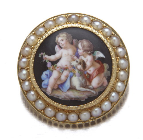 18K French porcelain miniature brooch cherubs dog