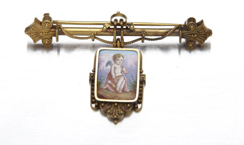 Victorian cupid pin in the Revival style, 18K gold