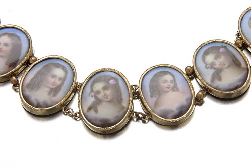 Mid-Victorian bracelet with six painted porcelain
