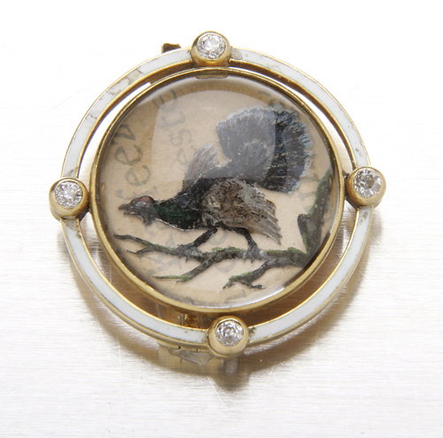 Reverse crystal game bird brooch, late 19th c., Au