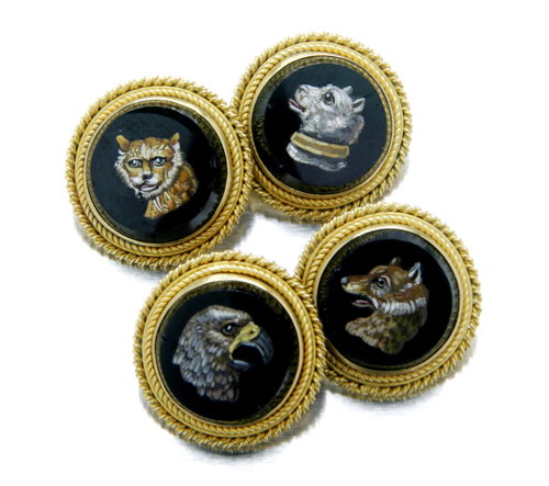 Micromosaic cufflinks 18K dog fox tiger mid-19th