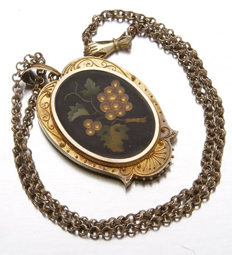 14K Victorian grape motif pietra dura pendant on a