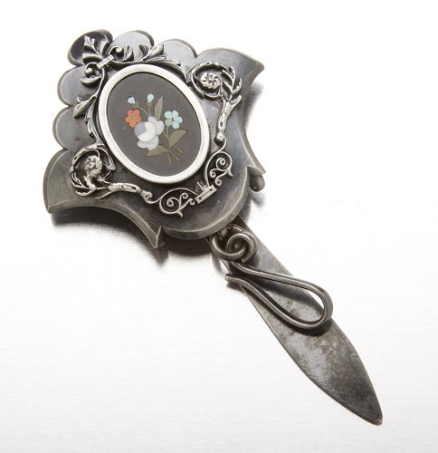 Victorian chantelaine with pietra dura, a shield f