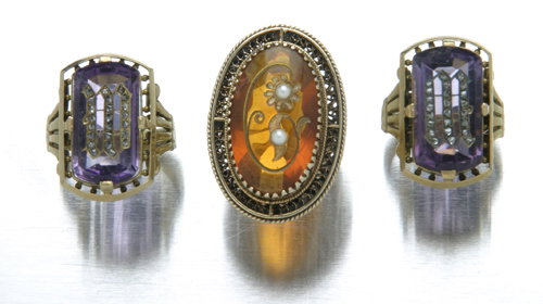 Three old 14K rings with inlaid gemstones: pair of