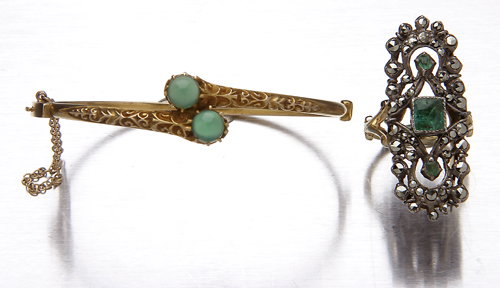 Victorian hinged bangle and an antique emerald rin