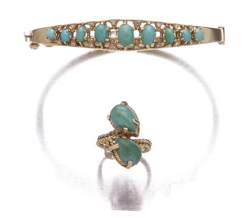 14K yellow gold hinged bangle with turquoise and d