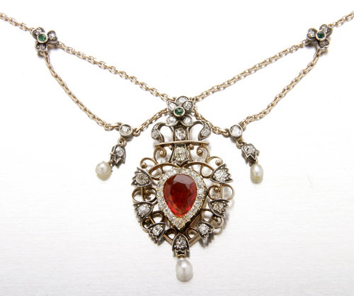 Fine Victorian orange fire opal and diamond neckla