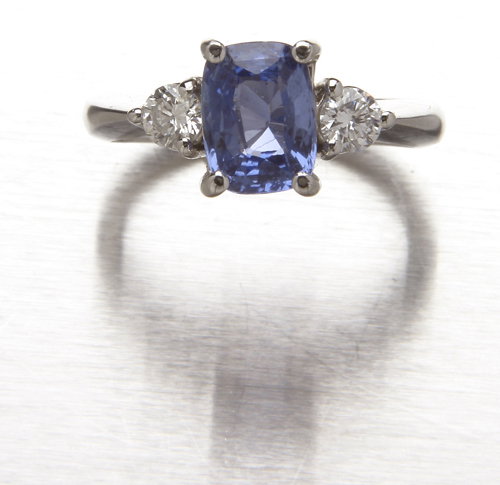 14K white gold sapphire , diamond three-stone ring