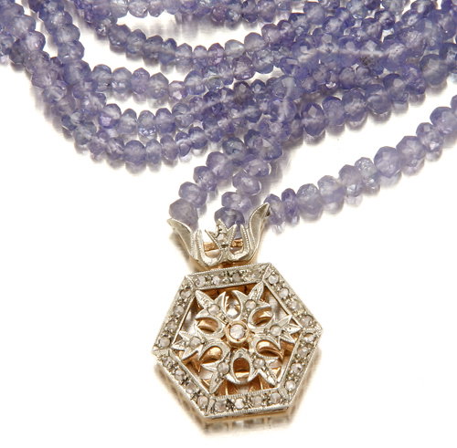 Tanzanite bead necklace with diamond clasp, three