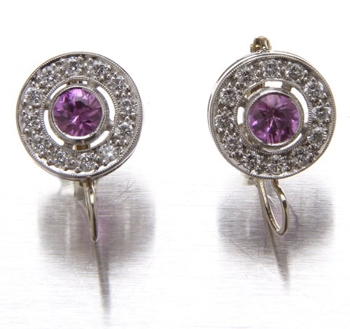 Pink sapphire and diamond earrings in platinum, ea