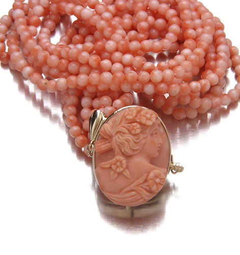 Coral cameo necklace, a five-strand torsade of cor