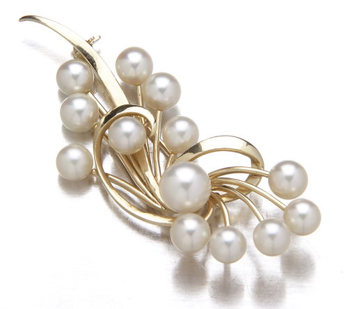 Mikimoto pearl and 14K yellow gold brooch, an abst