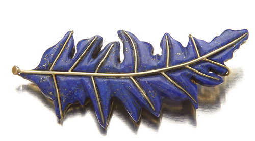 Tiffany & Co. leaf brooch, carved lapis and 18K ye