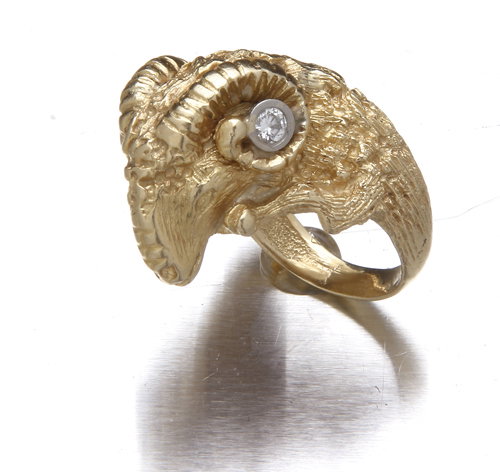 Zolotas ram's head ring in 18K white gold with dia