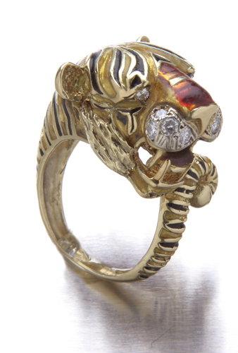 18K yellow gold tiger ring with polychrome enamel