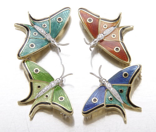 Rainbow of butterfly pins in 18K yellow gold with