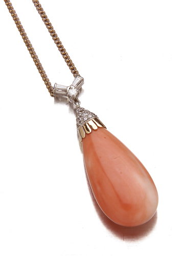 Elegant coral and diamond necklace, 14K white and