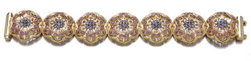 Ruby and sapphire panel-link bracelet in 18K yello