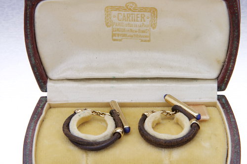 Cartier Art Deco cufflinks, 18K, lapis and leather