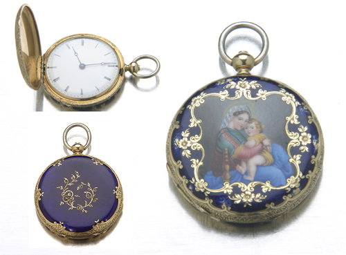 14K hunt case pocket watch with portrait enamel an