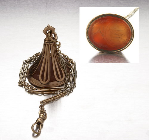 Watch chain and fob with carnelian seal inscribed