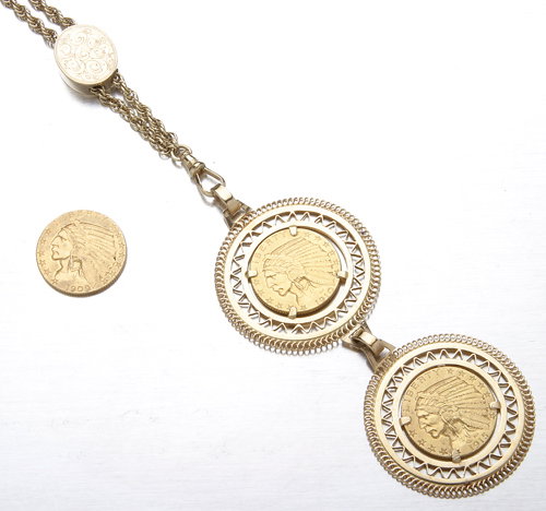 Three gold American five dollar coins, two coins d