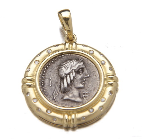 18K and diamond pendant with ancient silver coin,