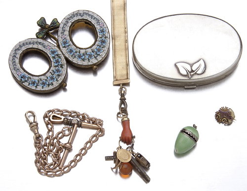 Antique group: an ovoid enameled sterling vinaigre