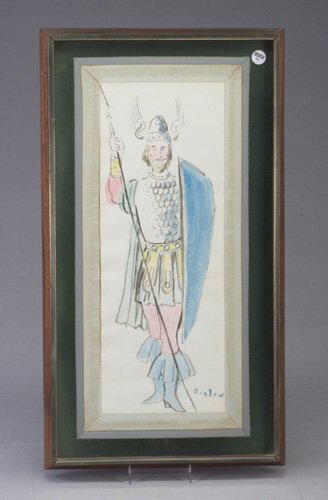 Cecil Beaton (British 1904-1980) origina: Cecil Beaton (British 1904-1980) original design, watercolor on paper, for a Viking. Matted and framed. Signed Beaton. Sight 17" x 6 1/2"