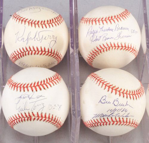 Four signed baseballs including signatu: Four signed baseballs including signatures from BUCKY DENT MIKE TORREZ, RALPH THEODORE BRANCA, ROBERT BROWN THOMSON, RALPH TERRY, BILL BUCKNER, and MOOKIE WILSON.