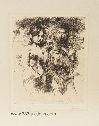 Dry point etching signed J. Levine (Jack: Dry point etching signed J. Levine (Jack Levine, American 20th c.) "Adam and Eve," 1963, artist's proof, with original exhibition pamplet from The Alan Gallery, New York, and the original receipt. 9 3