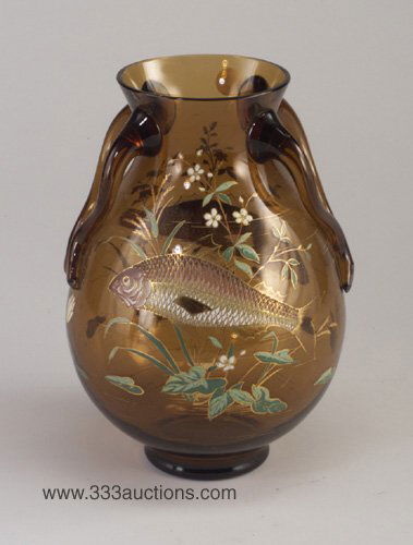 Moser Karlsbad art glass vase with ename: Moser Karlsbad art glass vase with enamel fish design on amber ground, signed. Ht: 11"