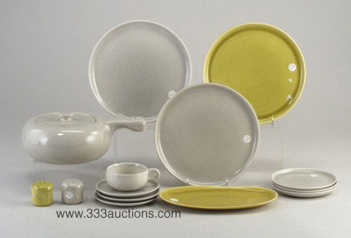Russel Wright for Steubenville, fourteen: Russel Wright for Steubenville, fourteen assorted pieces including 3 each of dinner plate, salad plate, and saucers, one teacup, small platter, covered casserole and salt and pepper, in grey and chart