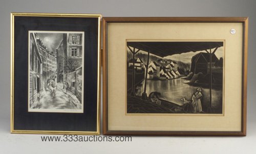 Two lithographs on paper, Vera Andrus (A: Two lithographs on paper, Vera Andrus (American 20th c.) "River Washing Shed, Lulle," 1952, framed, pencil signed, date and title,ed/50; Aaron Bohrod, French Street Scene, framed, pencil signed. 12" x