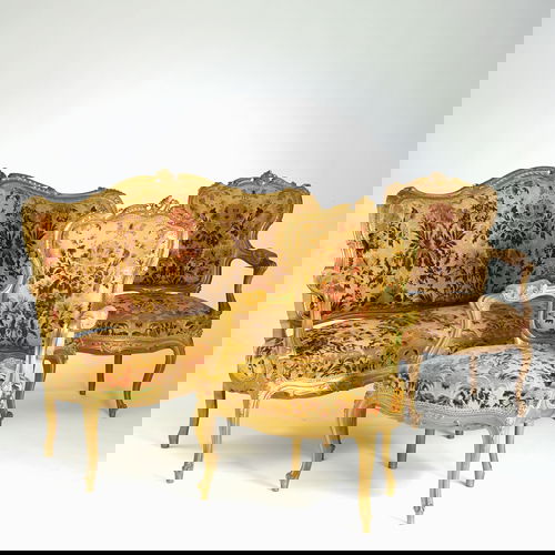 Louis XIV-style salon suite including an open-arm: Louis XIV-style salon suite including an open-arm settee raised on six legs and two fauteuils armchairs with gilded frames and silk brocade upholstery. Settee 39" x 62" x 23"; chair 38" x 26" x 22"