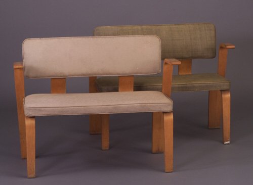 Two Thonet vinyl-upholstered settees. Ea: Two Thonet vinyl-upholstered settees. Each 29" x 40" x 30"